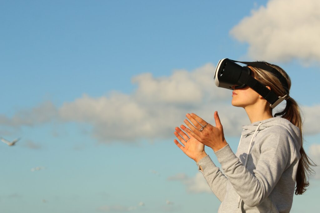 photo of a woman wearing AR headset