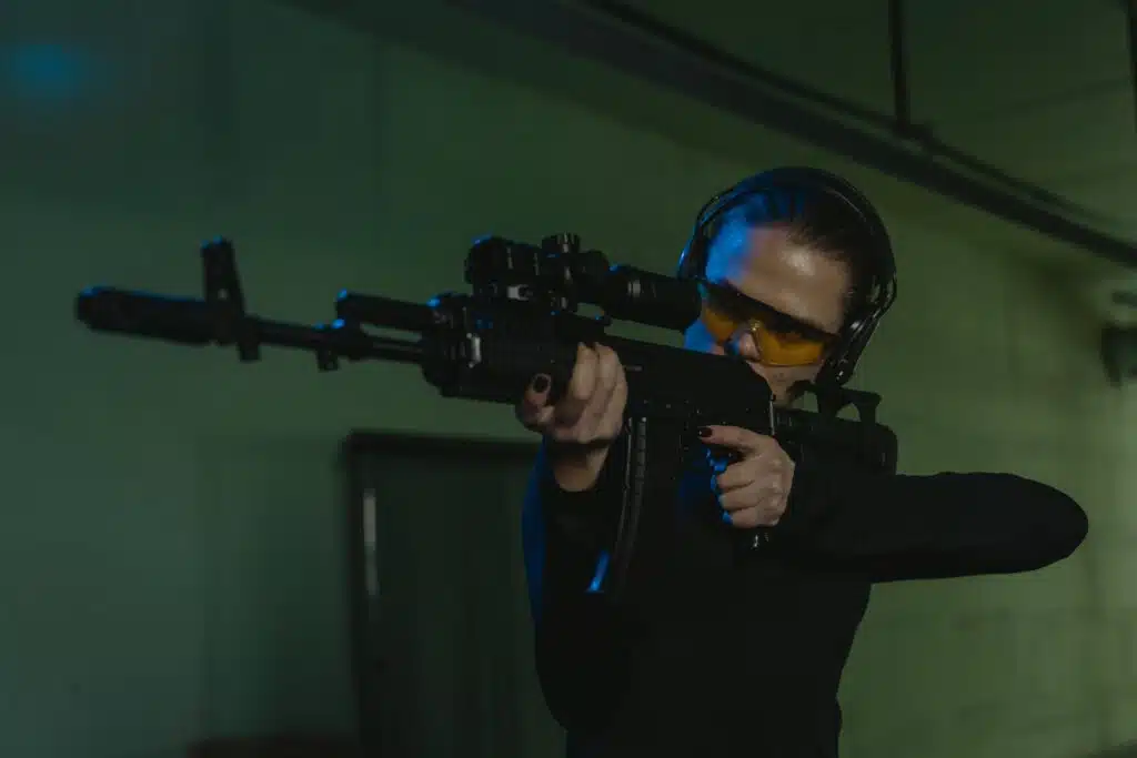 photo of a woman wearing shooting sports glasses